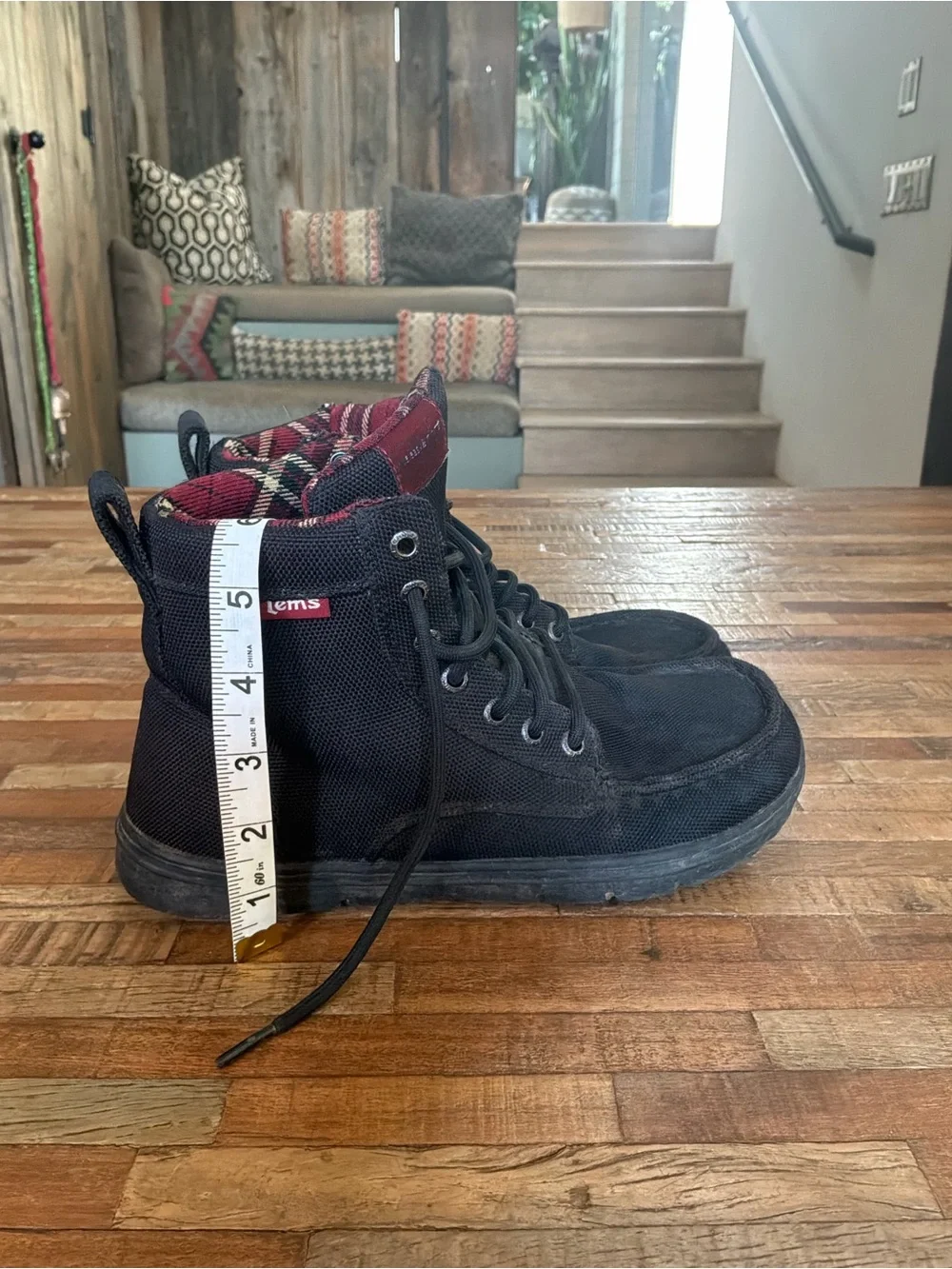 Canvas High-Top Boots in Black with Red Plaid Lining
